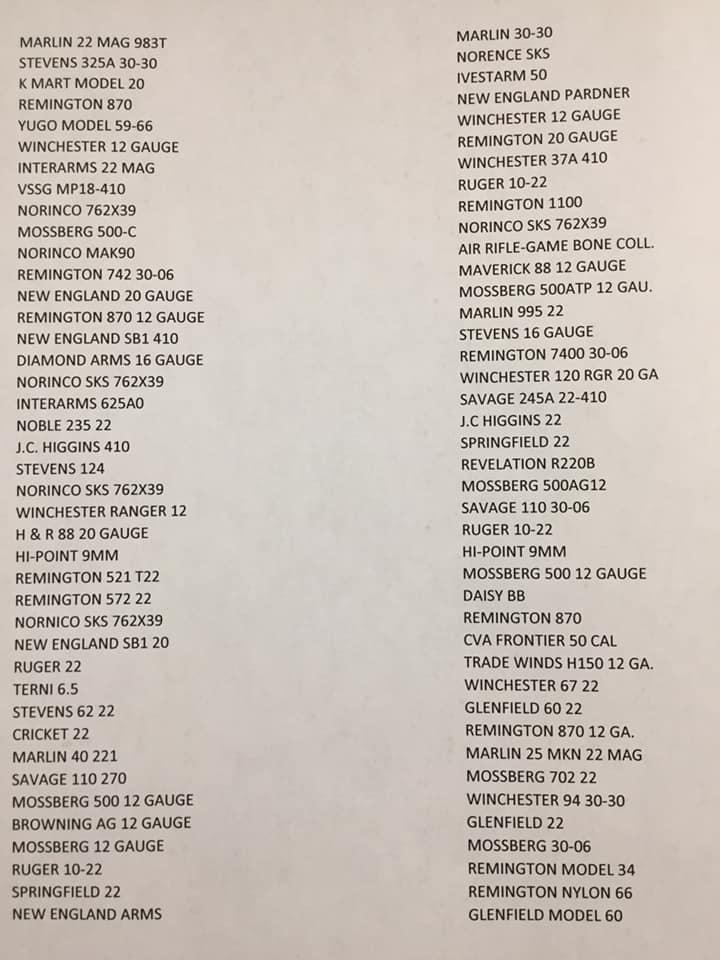 2 column list of guns for auction